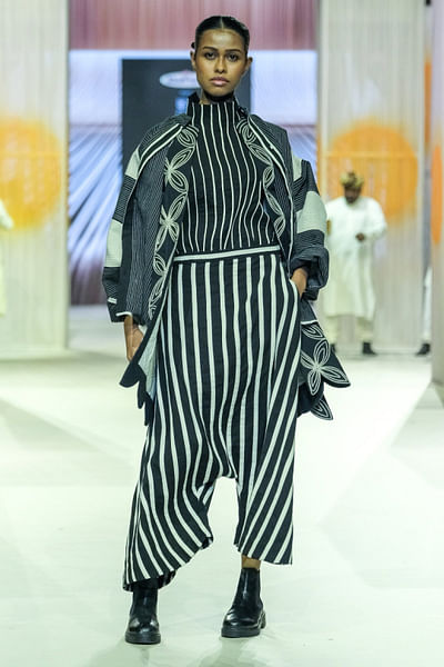 Black and white applique drop crotch pants