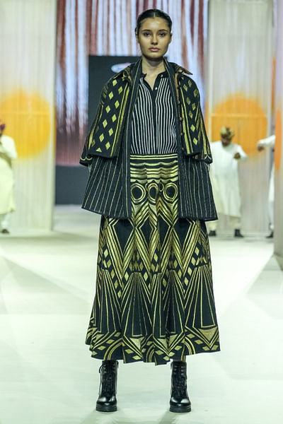Black and gold embroidered A-line skirt