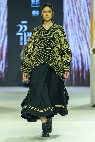 Black and gold zari embroidered open jacket