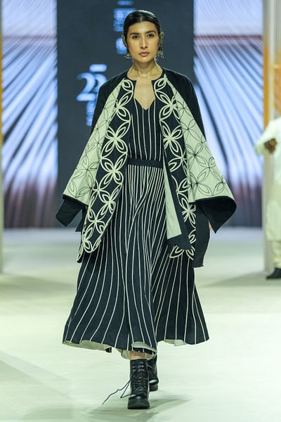 Black and white cord applique cotton tunic