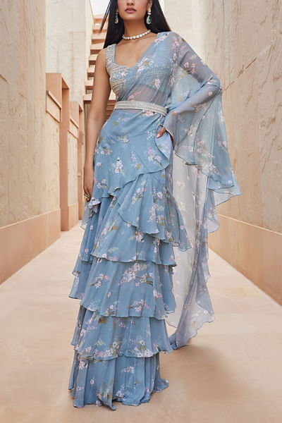 Ice blue printed sari set