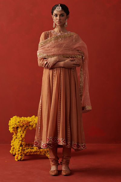 Peach sequin embroidered dupatta