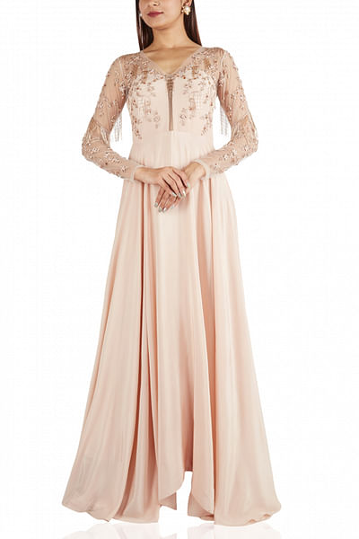 Champagne crepe anarkali with mukesh dabka work