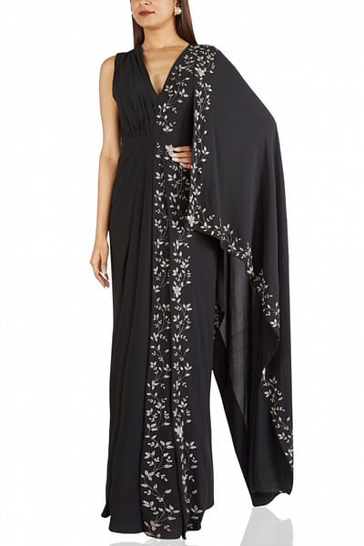Georgette black draped sari gown