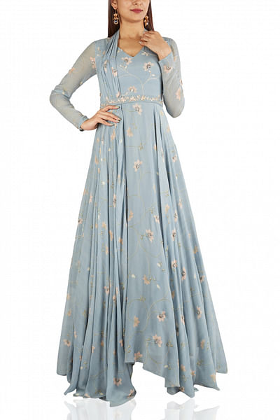 Ice blue embellished anarkali with attached dupatta and embroidered belt