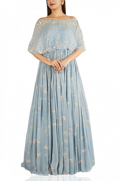 Ice blue embroidered off-shoulder cape with printed ruching anarkali