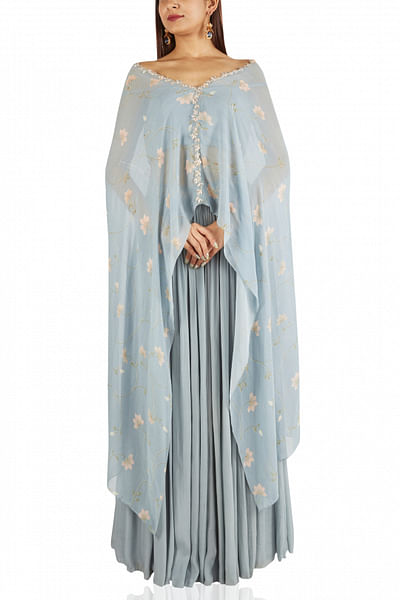 Ice blue embroidered printed cape with blouse and ruching pants