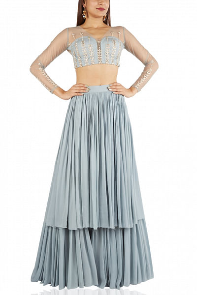 Ice blue blouse with two-tier lehenga