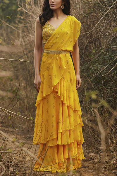 Yellow printed ruffle sari set