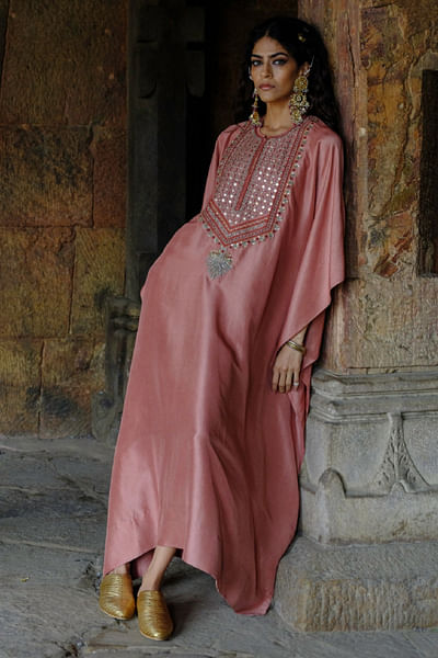 Peach zardozi embroidered kaftan