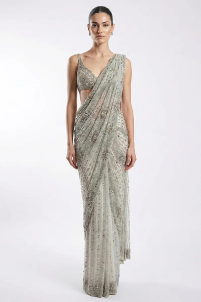 Rohit Gandhi + Rahul Khanna Ecru crystal embellished sari set ROHIJUN26D147917