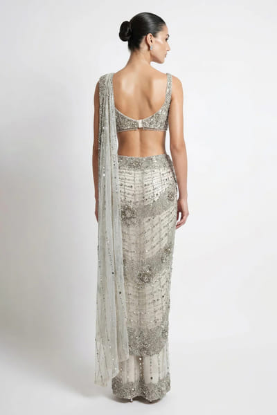 Rohit Gandhi + Rahul Khanna Ecru crystal embellished sari set ROHIJUN26D147917