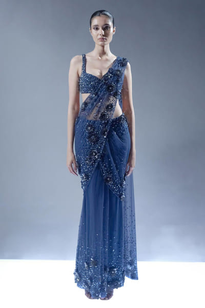 Rohit Gandhi + Rahul Khanna Blue 3D embroidered drape sari set ROHIJUN26D147911