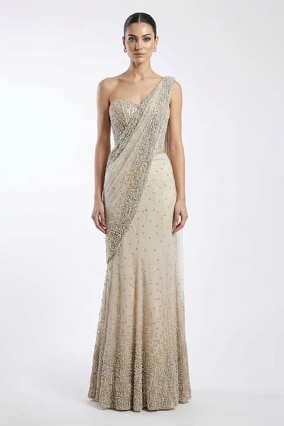 Rohit Gandhi + Rahul Khanna Ecru sequin embellished mermaid sari set ROHIJUN26D147918