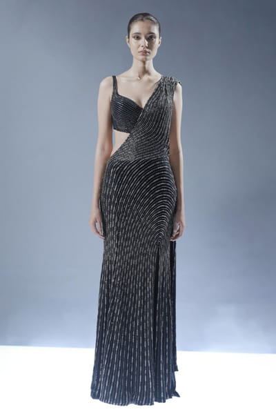 Rohit Gandhi + Rahul Khanna Black sequin embroidered sari gown set ROHIJUN26D147916