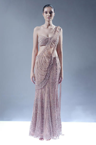 Rohit Gandhi + Rahul Khanna Powder pink sequin embroidered sari set ROHIJUN26D147922