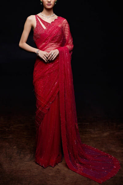 Red embellished net sari set