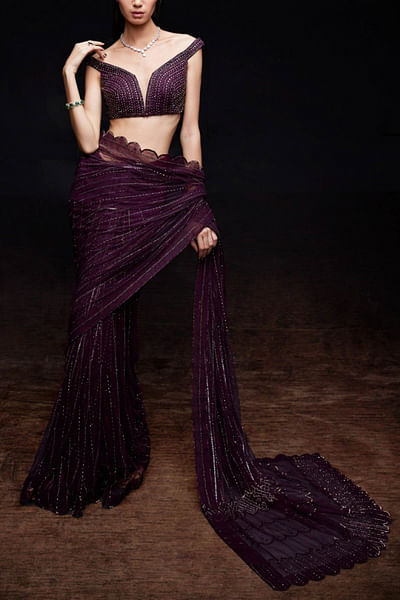 Wine embellished net sari set