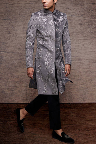 Grey velvet sherwani set