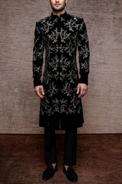 Black velvet sherwani set