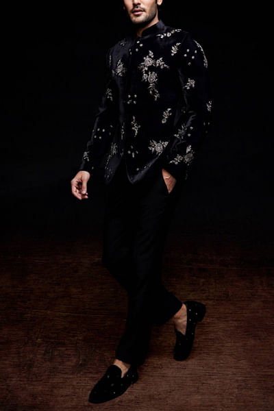 Black embellished bandhgala set
