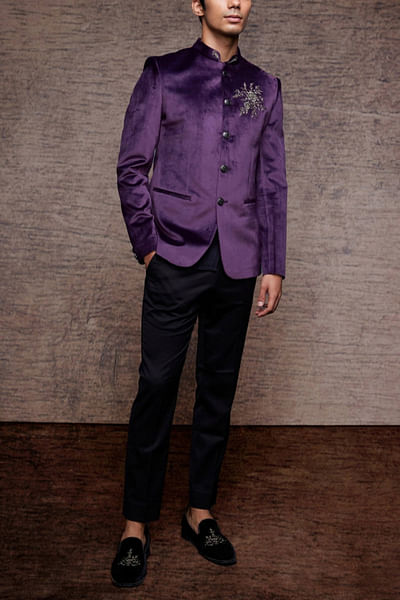 Purple velvet bandhgala set