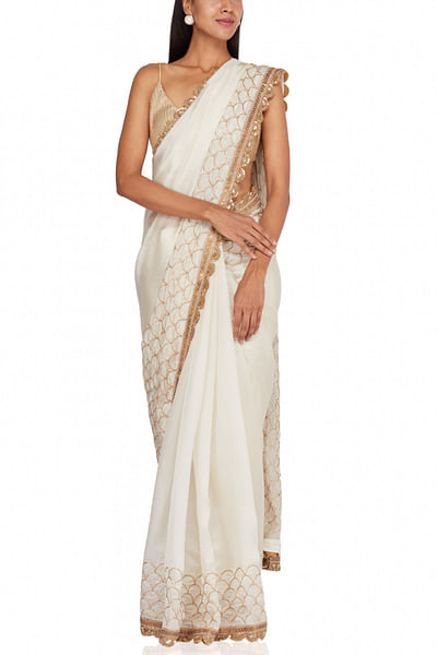Ivory embellished silk sari set