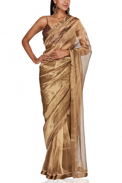 Antique gold embellished tissue sari set