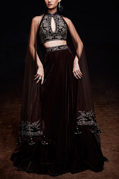 Brown velvet lehenga set