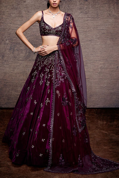 Wine embellished velvet lehenga set