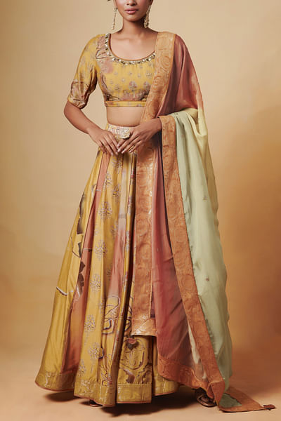 Golden and pink kalidar lehenga set