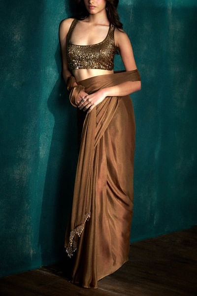Gold chiffon sari set