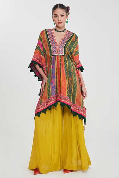Multicolor mirror-tassel embroidery kaftan set