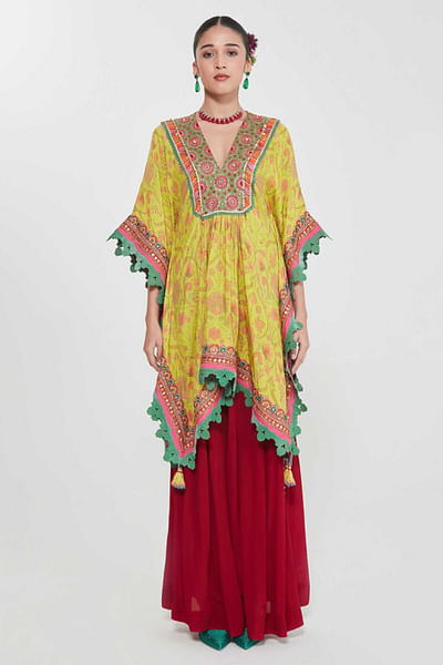 Yellow mirror-tassel embroidered kaftan set