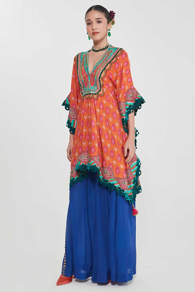 Orange mirror-tassel embroidered kaftan set