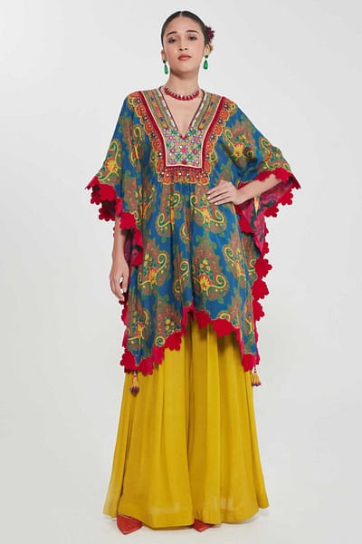 Blue printed and mirror embroidered kaftan set
