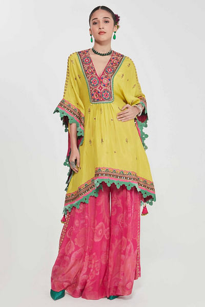 Yellow mirror-tassel emroidered kaftan set