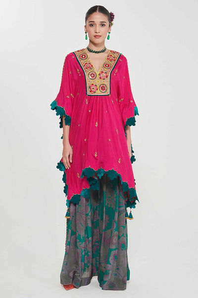 Rani pink mirror-tassel emroidered kaftan set