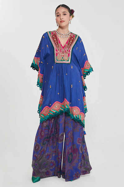 Ink blue mirror-tassel emroidered kaftan set
