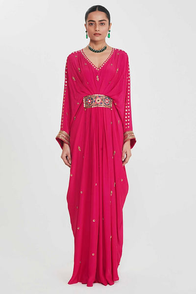 Rani pink hand embellished and pleated kaftan
