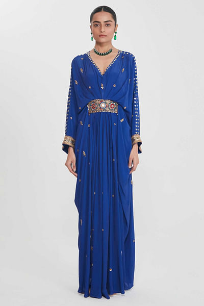 Ink blue hand embellished and pleated kaftan