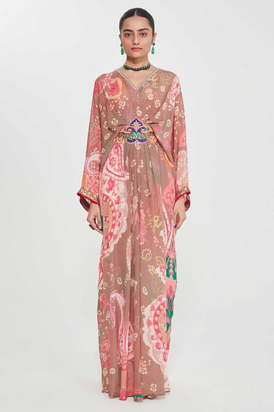 Blush pink print-embellished pleated kaftan