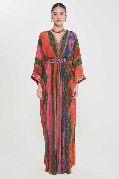 Multicolour print-embellished pleated kaftan