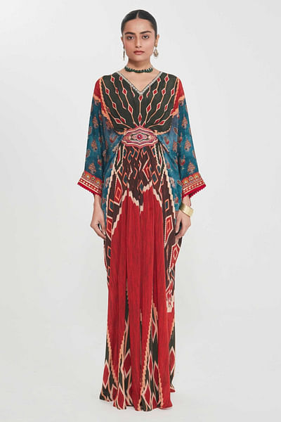 Red and blue print-embellished pleated kaftan