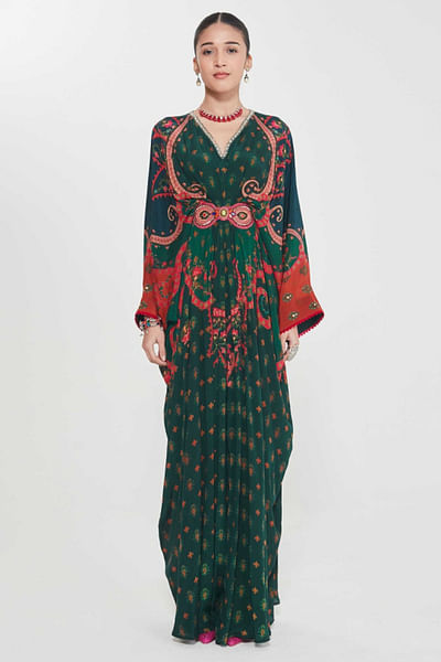 Nori green print-embellished pleated kaftan