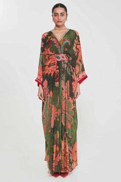 Barsaat green print-embellished pleated kaftan