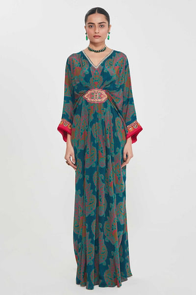 Midnight blue print-embellished pleated kaftan