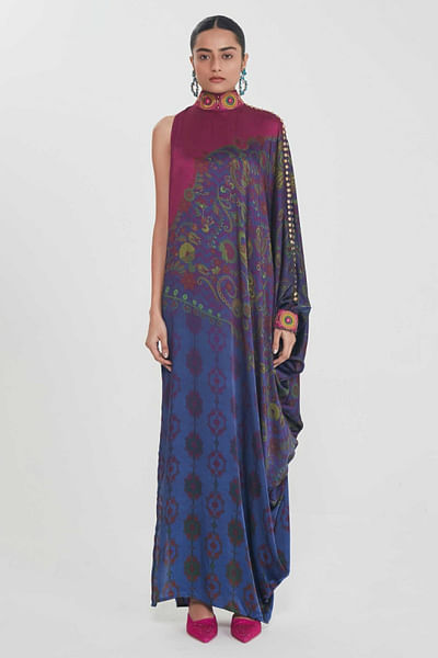 Midnight blue print-mirror one-shoulder dress