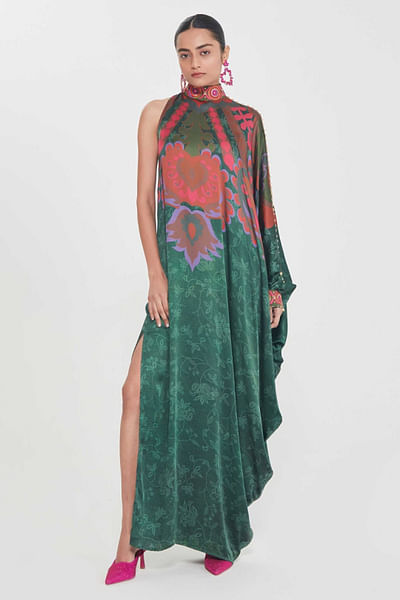 Royal green print-mirror one-shoulder dress