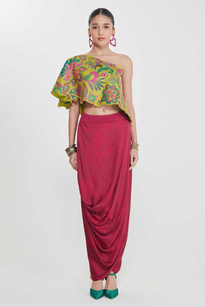 Salsa red printed drape skirt set